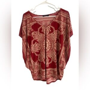 Agenda Red Bandana-Print Tunic with Cream Accents-L-stretchy and AWESOME!